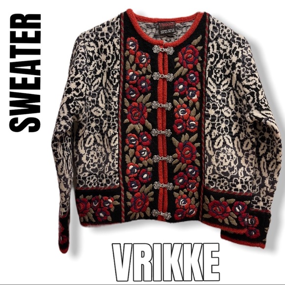 Vrikke Norwegian 100% Wool Embroidered Cardigan Sweater Nordic Irene Zahl SZ XS - Picture 1 of 5
